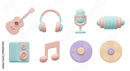 Set of 6 pastel 3D music icons guitar microphone headphone speaker music note vinyl record