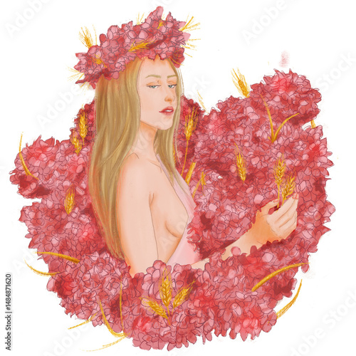 illustration of a young woman surrounded by pink hydrangeas interwoven with wheat stalks. floral crown and gazes. themes of fertility, harvest, and femininity, summer, divine feminin.
