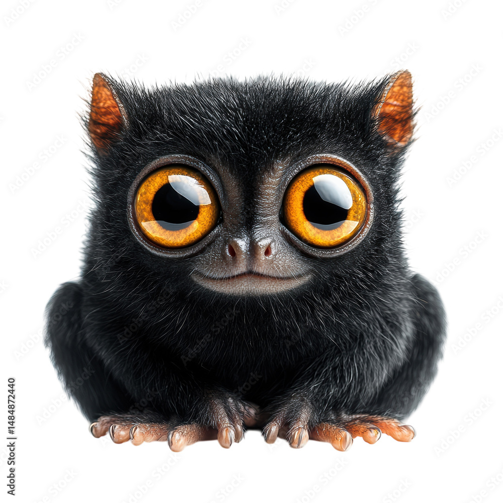 Fototapeta premium A whimsical endearing creature with golden eyes and black fur smiling on transparent background