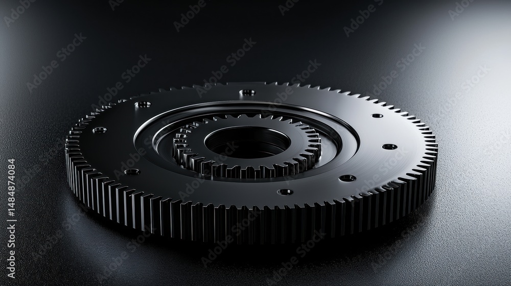 A 3D rendering of a black gear with a central hole. A 3D rendering of a black gear with a central hole.