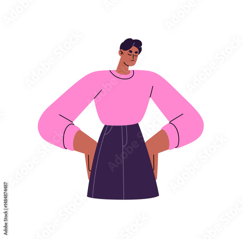 Pensive woman tries to look for in mind. Puzzled, pondering girl is thinking about problems. Thoughtful person doubts about thoughts, solves difficulties. Flat isolated vector illustration on white