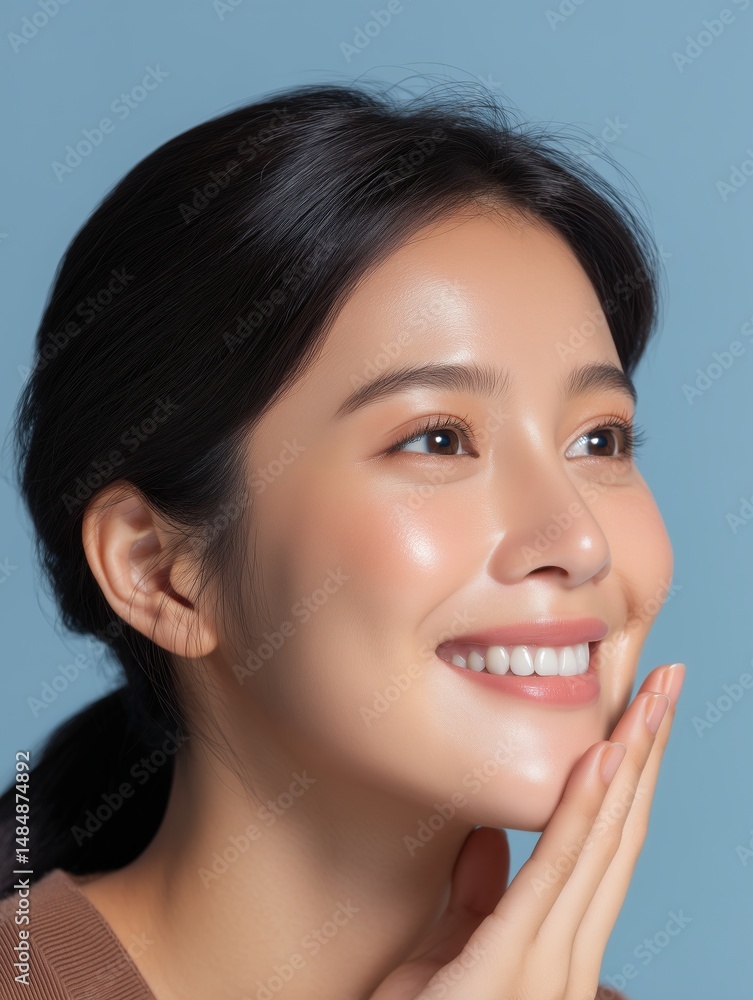 Radiant woman with a beautiful white smile showcasing healthy skin and beauty in a softly lit indoor environment Radiant woman with a beautiful white smile showcasing healthy skin and beauty in a softly lit indoor environment