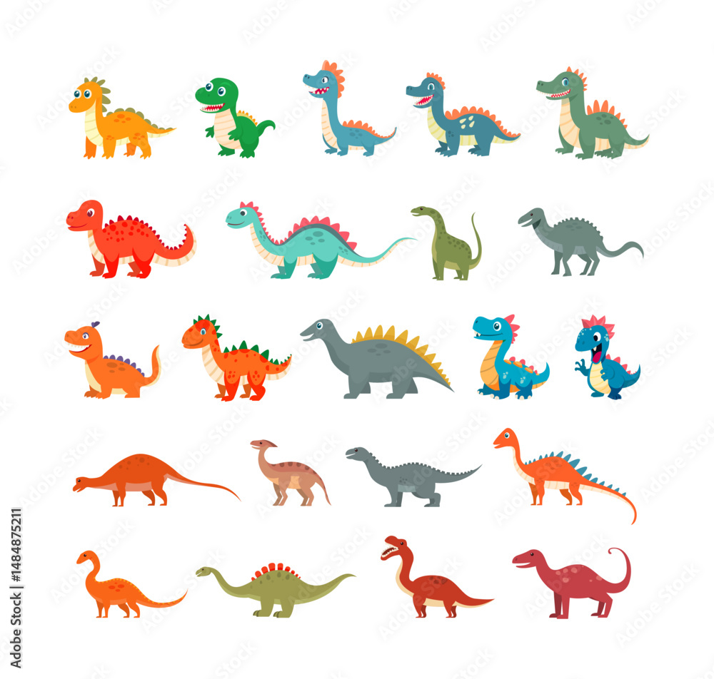 Fototapeta premium Vector set of adorable dinosaurs characters illustration ideal for children’s books posters party invitations and classroom decorations
