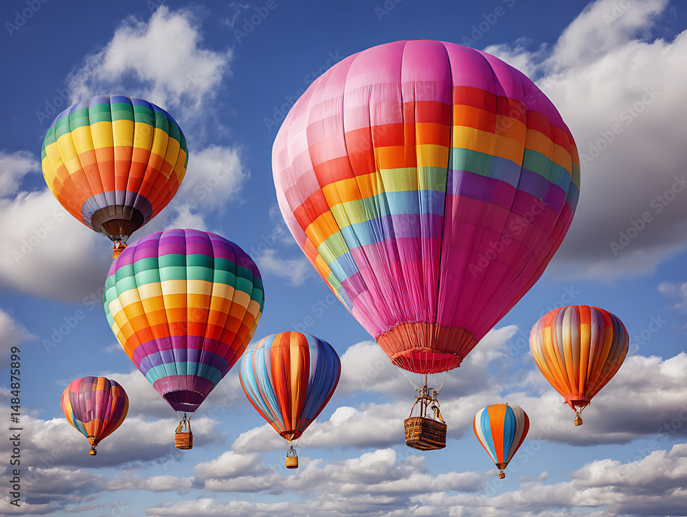 Obraz premium Colorful hot air balloons floating in sunny sky
