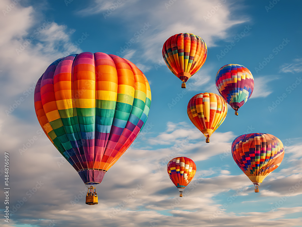 Obraz premium Beautiful balloons soaring in vibrant blue cloudy sky