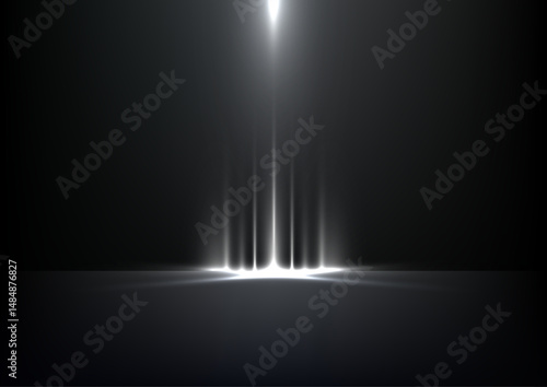 bright white light beam glow on dark reflective surface futuristic technology sci fi abstract concept luminous radiant