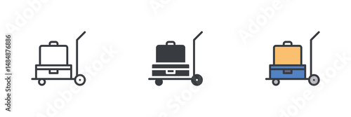Luggage trolley different style icon set