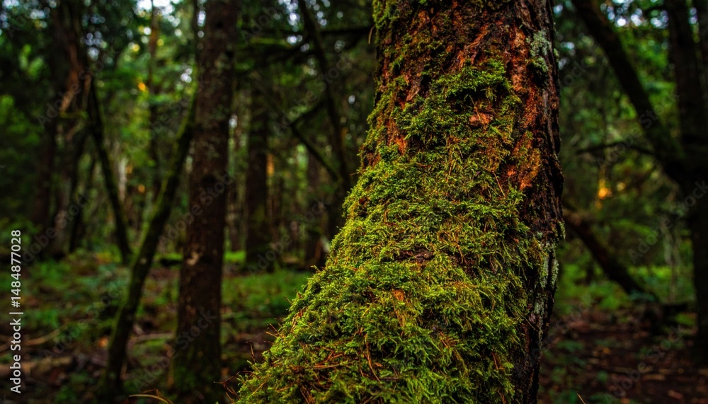 Naklejka premium Exploring moss-covered trees in a serene forest setting nature photography tranquil environment close-up view