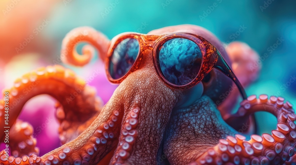 Obraz premium Trendy octopus wearing sunglasses in vibrant underwater setting