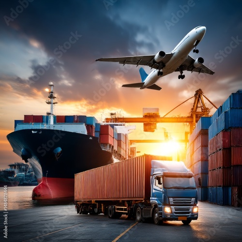 Multimodal global logistics hub at sunset, featuring a large cargo ship docked at port, a semi-truck carrying a shipping container, an airplane flying overhead, and stacked containers surrounding the 