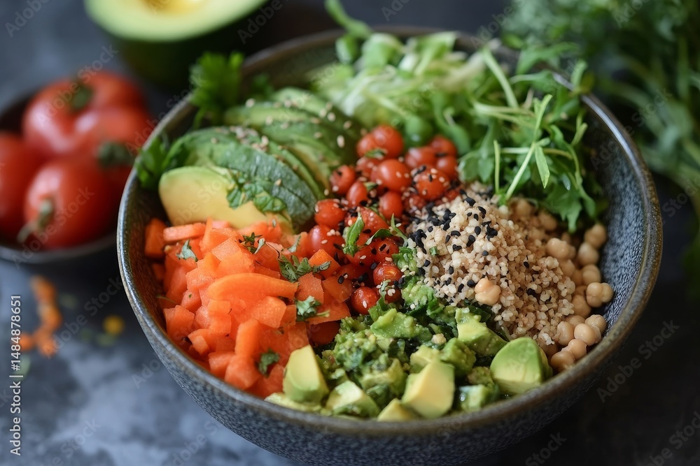 Close up of a healthy bowl filled with avocado tomatoes carrots and other fresh ingredients on a table Close up of a healthy bowl filled with avocado tomatoes carrots and other fresh ingredients on a table