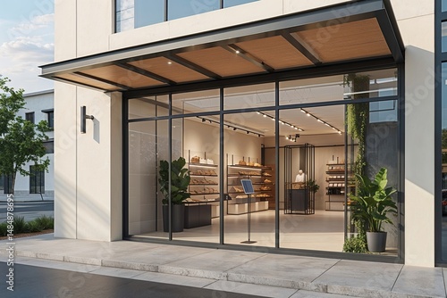 Wallpaper Mural Trendy Retail Shopfront with Off-White Walls, Steel Accents, and Panoramic Glass Windows Torontodigital.ca