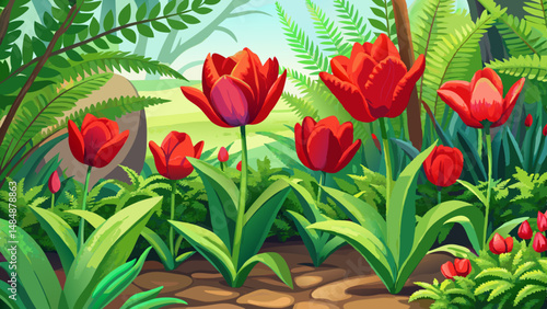 Flower bed in the garden. Bright red tulips (Latin: Tulipa) on the background of green fern (Latin: Matteuccia struthiopteris) leaves, close-up. very beautiful