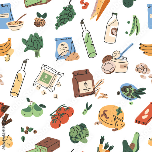 Repeatable pattern of healthy vegetarian food. Endless background of organic grocery products, eating for vegans. Vegetables, fruit, soy, tofu, olive oil and milk. Flat seamless vector illustration