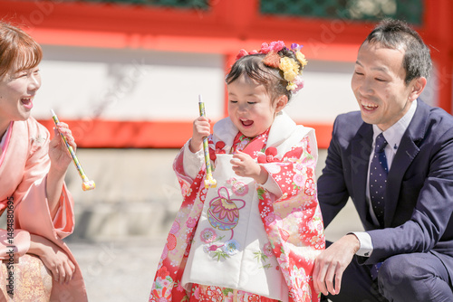 Photography A 3-year-old Japanese girl in a red kimono plays under cherry blossoms at a shrine with her parents-mom in a pink kimono, dad in a suit-during Shichi-Go-San