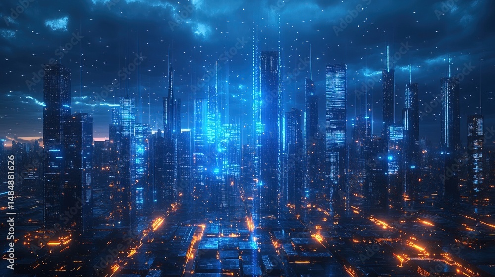 Fototapeta premium A futuristic city skyline illuminated with blue holographic technology 