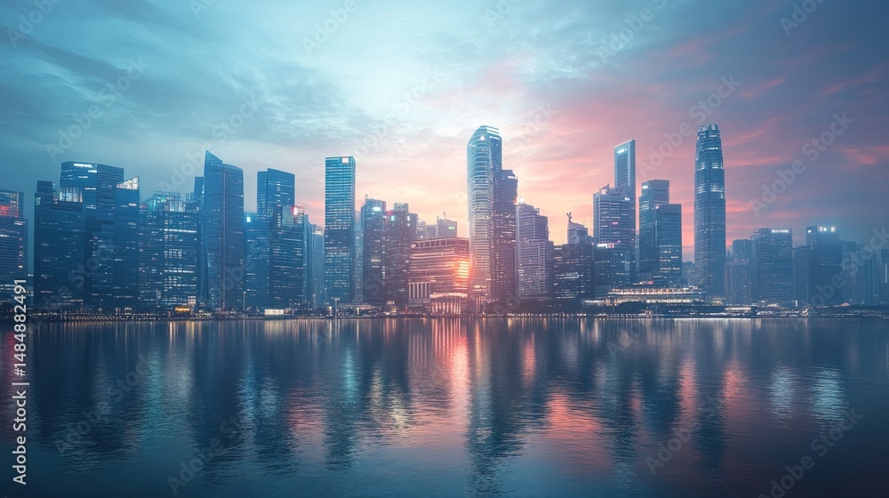 Fototapeta premium A futuristic city skyline as the backdrop of a global tech conference