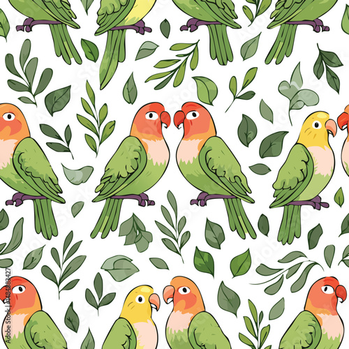 Lovebird Vector Illustration with Seamless Pattern Design