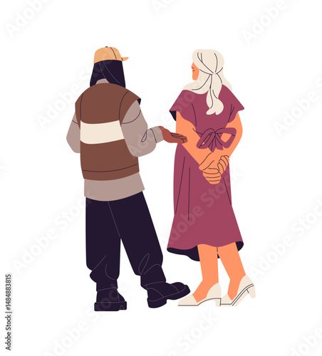 Diverse two people in stylish clothes standing together back view. Interracial couple in street fashion outfits backside. Woman in cute dress with friend. Flat isolated vector illustration on white