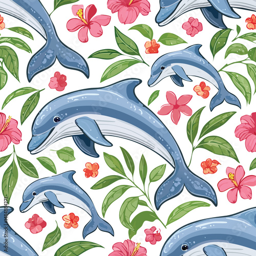 Bottlenose Dolphin Vector Illustration with Seamless Pattern Design