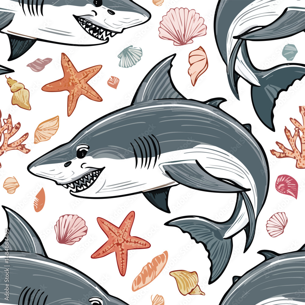 Obraz premium Mako Shark Vector Illustration with Seamless Pattern Design