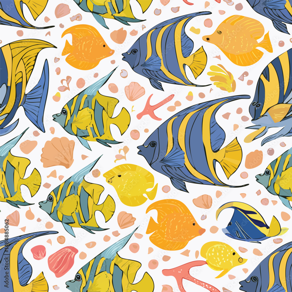 Obraz premium Angelfish Vector Illustration with Seamless Pattern Design