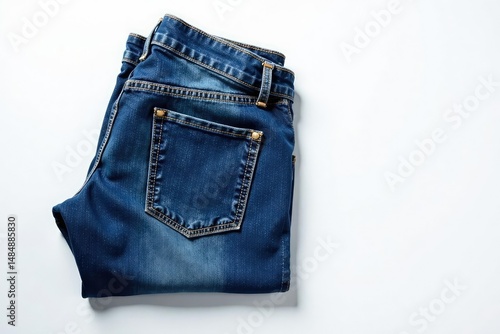 Classic blue denim jeans, neatly folded on white , fabric texture, blue denim
