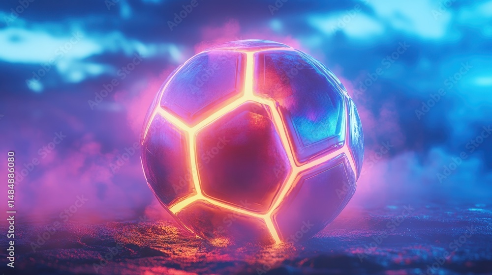 Naklejka premium Glowing soccer ball in vibrant neon mist with futuristic blue and pink lighting