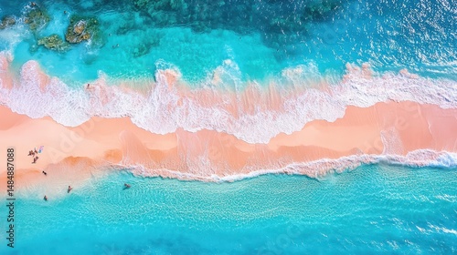 Aerial view Tropical beach, turquoise ocean, waves, people relaxing, vacation