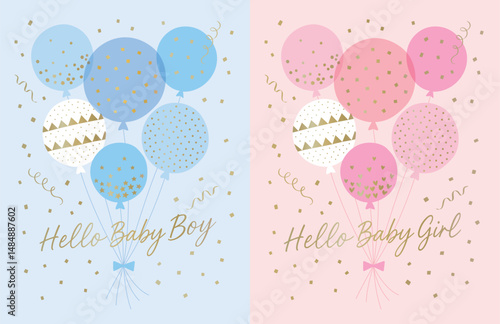 Cute baby gender balloons with confetti and hello baby text