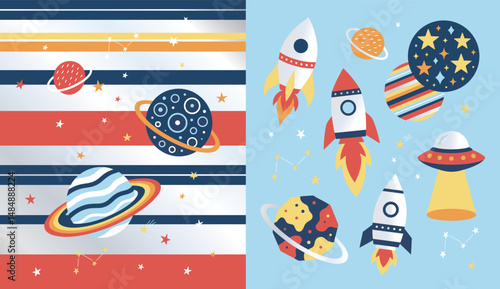Cute cartoon space pattern with planets rockets UFOs and stars in flat style