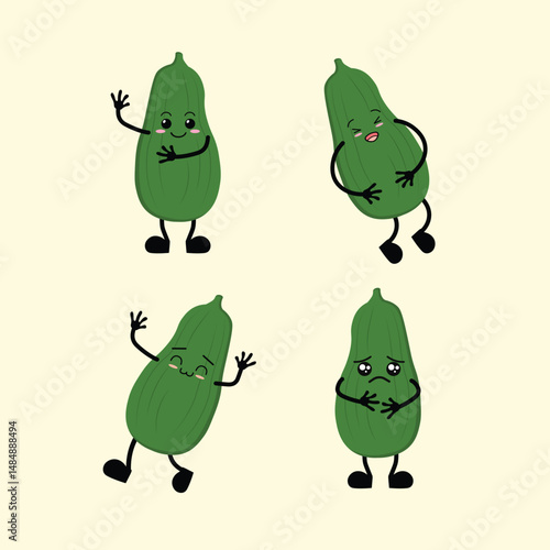 Vegetables Cute Cartoon Zucchini with Different Emotions