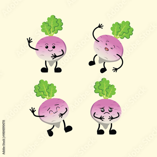 Vegetables Cute Cartoon Turnip with Different Emotions