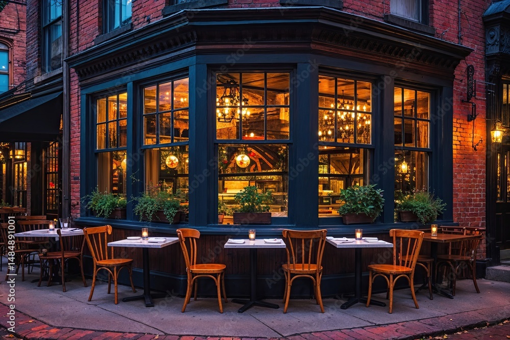 Charming Urban Brick Restaurant with Bay Windows and Outdoor Patio in Vibrant City Evening Charming Urban Brick Restaurant with Bay Windows and Outdoor Patio in Vibrant City Evening