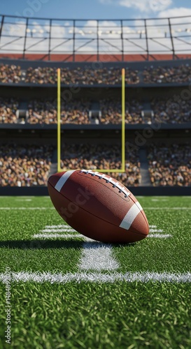 Football on field in stadium with fans