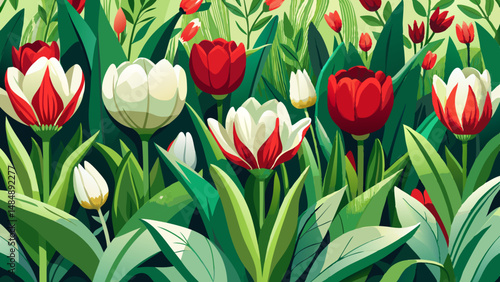 Flower bed in the garden. White-red tulips (Latin: Tulipa) on the background of green leaves, close-up. Free space, space for text. very beautiful