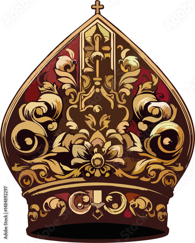 Luxurious Baroque Bishop Mitre Vector – Golden Ornamental Catholic Headdress with Cross and Filigree Detail for Religious and Historical Designs
