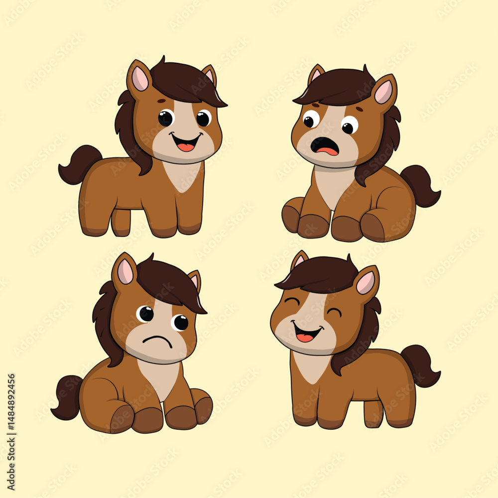 Fototapeta premium Animal Cute Cartoon Horse with Different Emotions