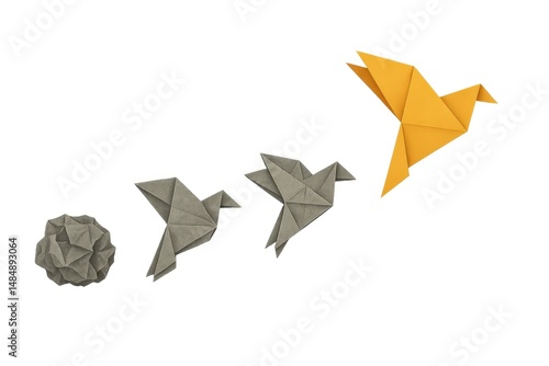 Regressive Transformation Failure Loss Concept Origami Bird Flying Backward Symbolic Art Decline Setback Metaphor Illustration