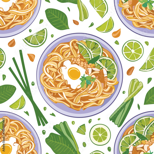 Pad Thai Vector Illustration with Seamless Pattern Design