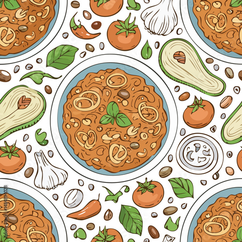 Chili Con Carne Vector Illustration with Seamless Pattern Design