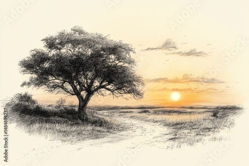 Sunset over open savanna with a prominent tree silhouette and gentle pathway winding through the landscape