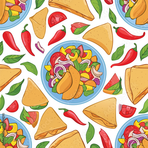 Chicken Fajitas Vector Illustration with Seamless Pattern Design