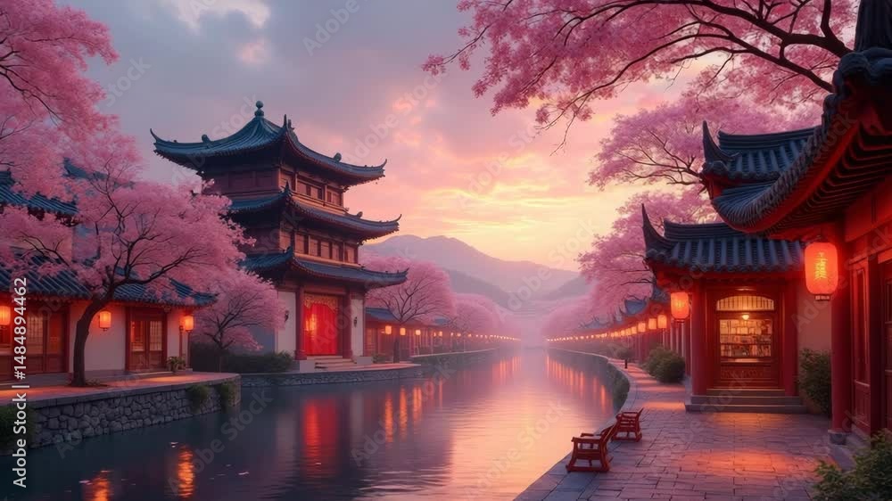 Serene landscape with cherry blossom trees and traditional pagodas at sunset Serene landscape with cherry blossom trees and traditional pagodas at sunset