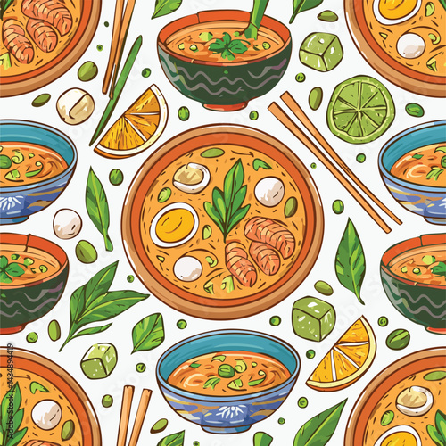 Miso Soup Vector Illustration with Seamless Pattern Design