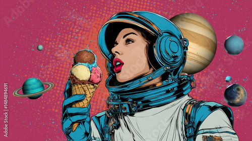 Virtual reality. Woman astronaut and space dreams. Woman astronaut eats planets of the solar system, like ice cream. Humanity and cosmic dreams concept. Pop art retro vector illustration vintage