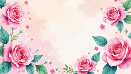 Delicate watercolor roses repeat across soft pastel background, vintage, romantic