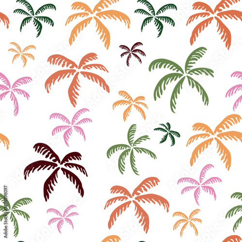 Seamless tropical pattern with palm trees on white background. Ideal for summer apparel, beach decor, travel branding, packaging, and web backgrounds