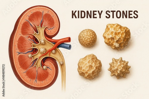 Detailed Medical Illustration Of Human Kidney Stones Explaining Nephrolithiasis And Urinary Tract Health Issues