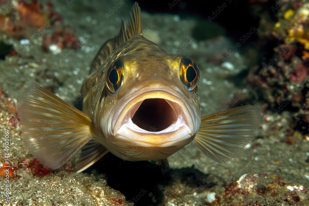 Obraz premium Fish looking at camera with mouth open underwater